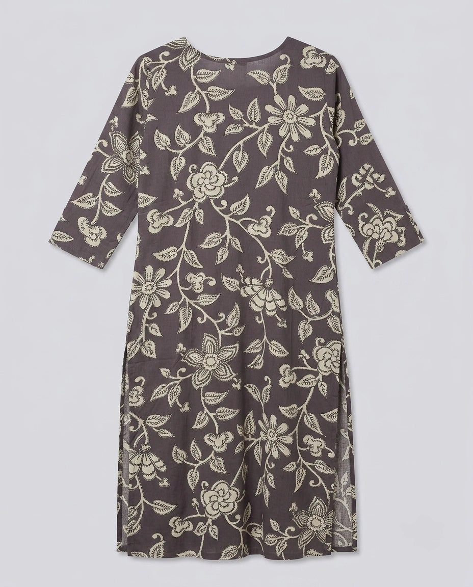 Charcoal Grey Floral Printed Straight Kurta for Women