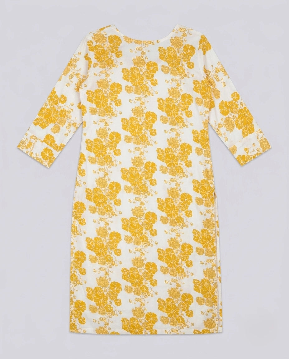 Women's White & Mustard Floral Print Straight Kurti