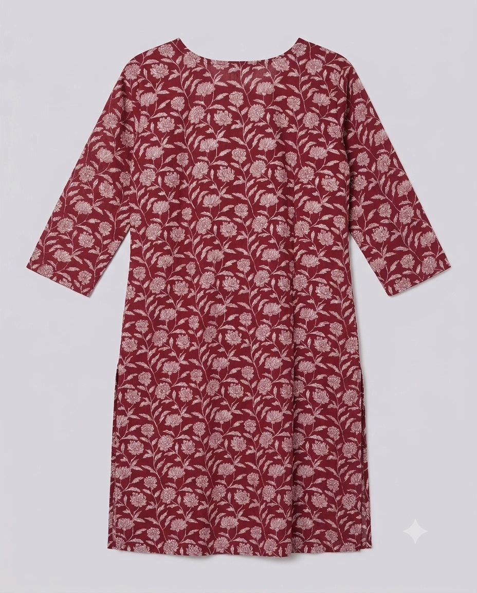 Women's Maroon Floral Print Straight Kurta