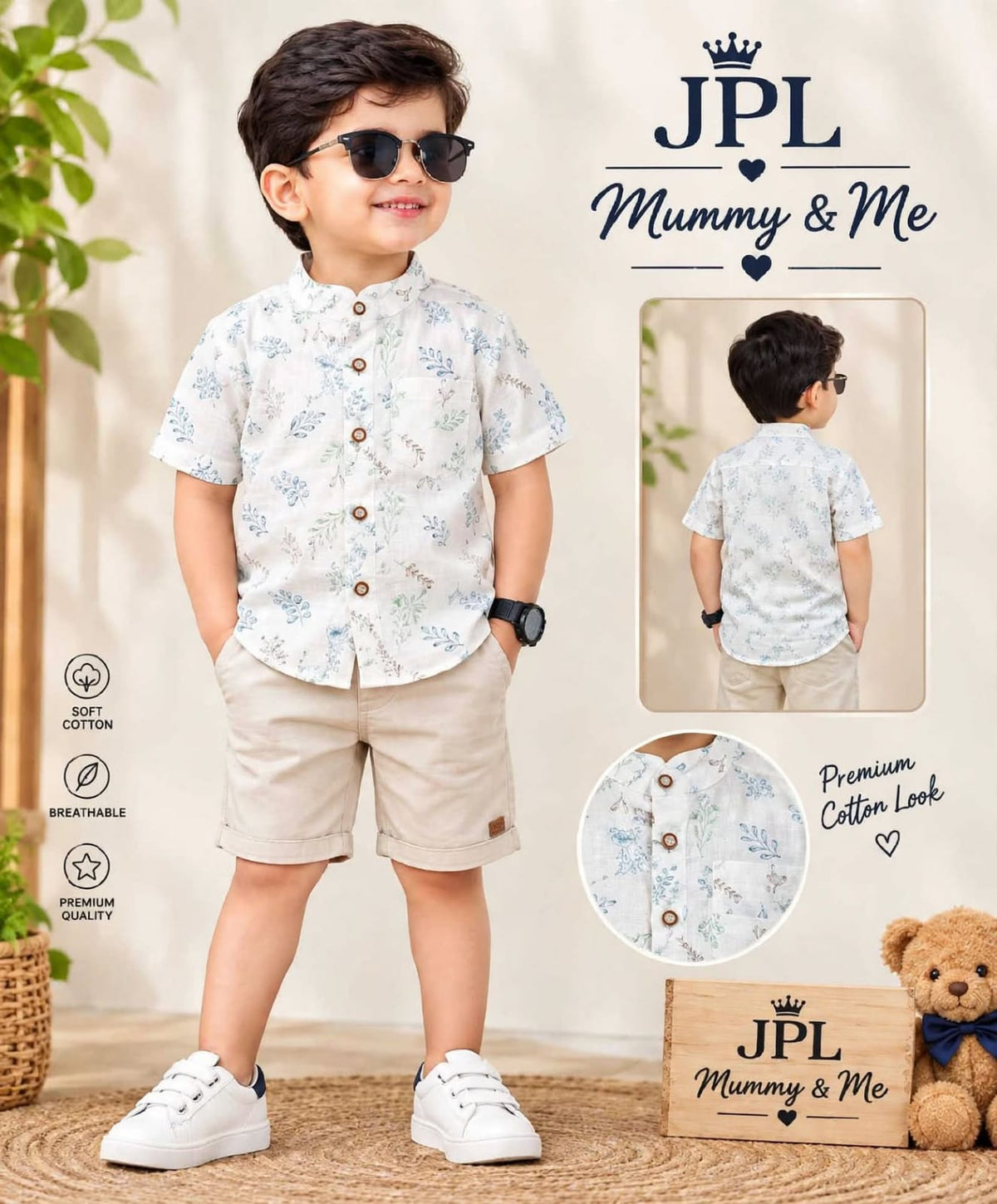 Light Blue Floral Print Premium Cotton Mandarin Collar Shirt