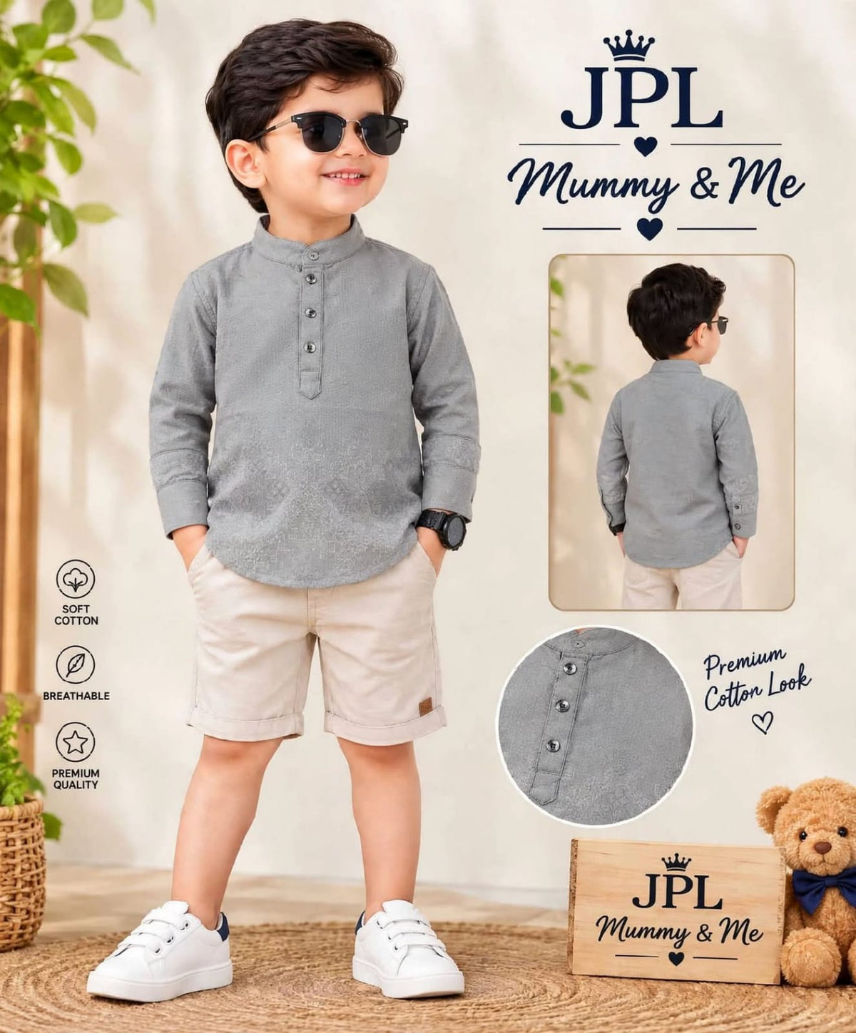 Boys Grey Mandarin Collar Kurta Shirt - Premium Cotton