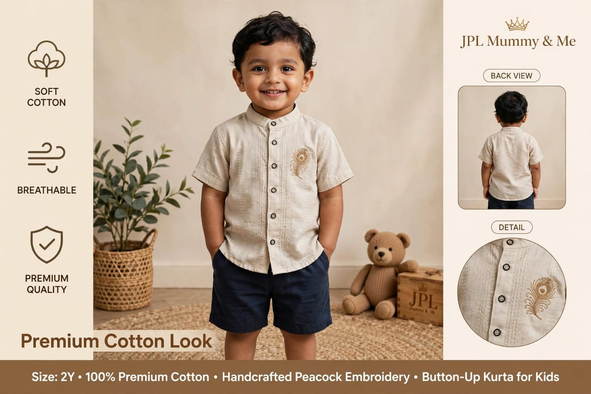 Boys Premium Cotton Embroidered Short Kurta – Peacock Feather