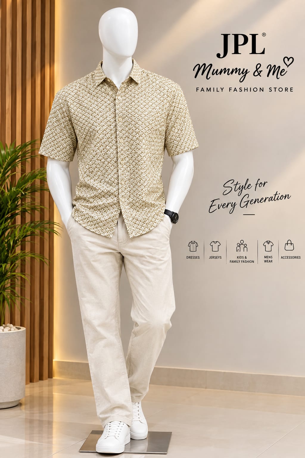 Premium Comfort Fit Printed Shirt - Beige / Olive Small Leaf Print