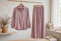Dusty Rose Floral Embroidered Linen Co-ord Set - Shirt & Wide Leg Pants
