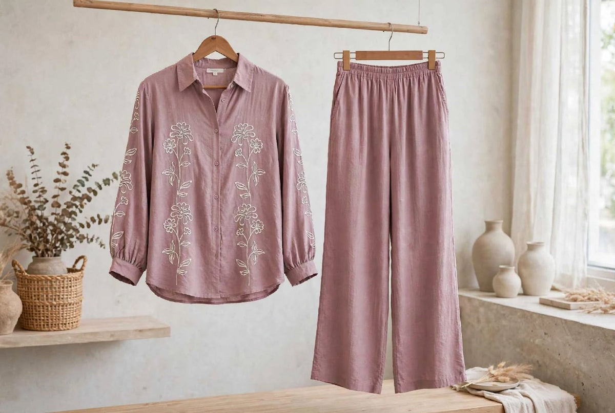 Dusty Rose Floral Embroidered Linen Co-ord Set - Shirt & Wide Leg Pants
