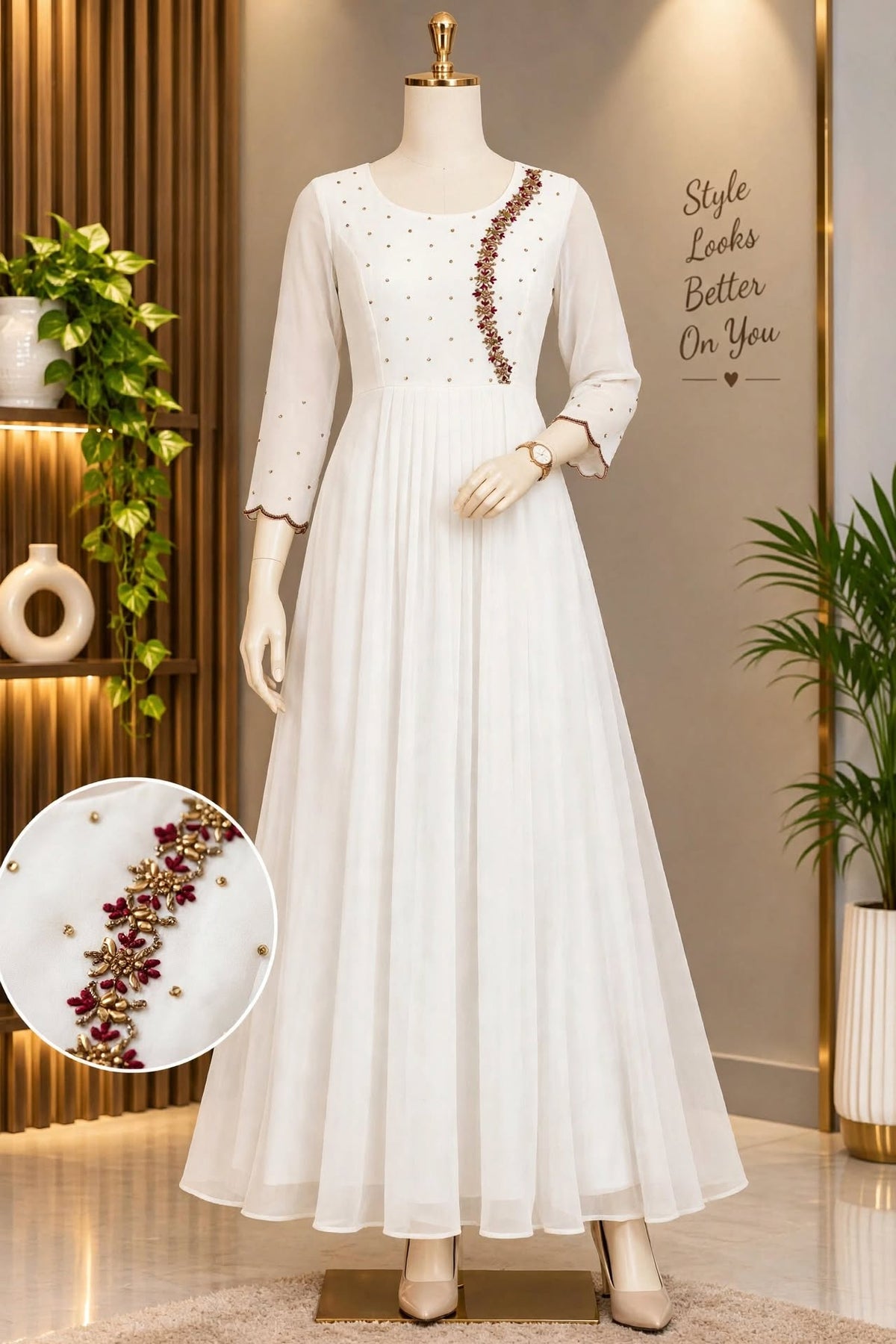 Snow White Embroidered Georgette Gown