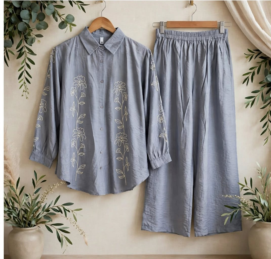 Dusty Slate Blue Floral Embroidered Co-ord Set