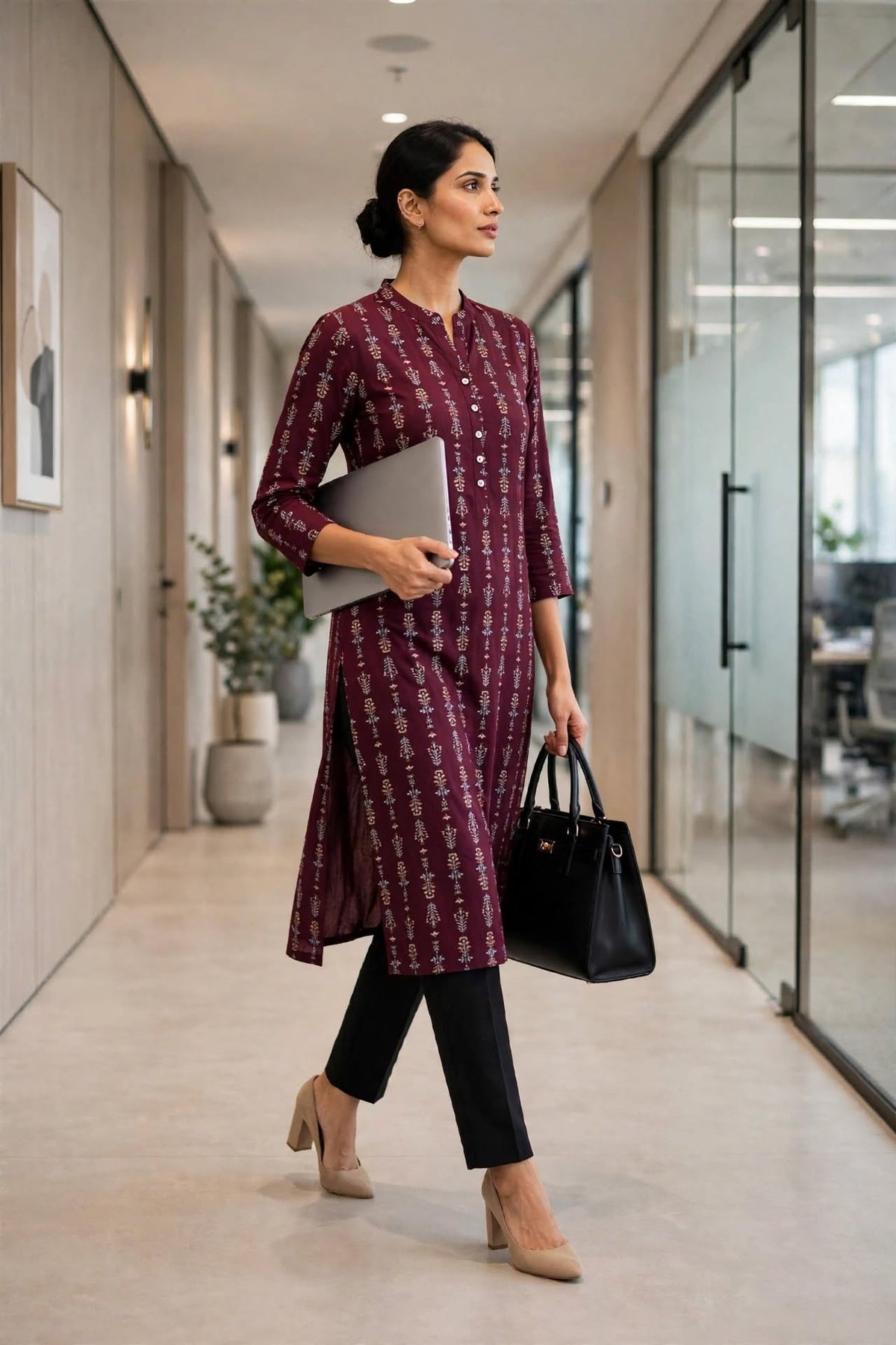 WINE PRINTED STRAIGHT KURTA 3/4 SLEEVE  50% OFF