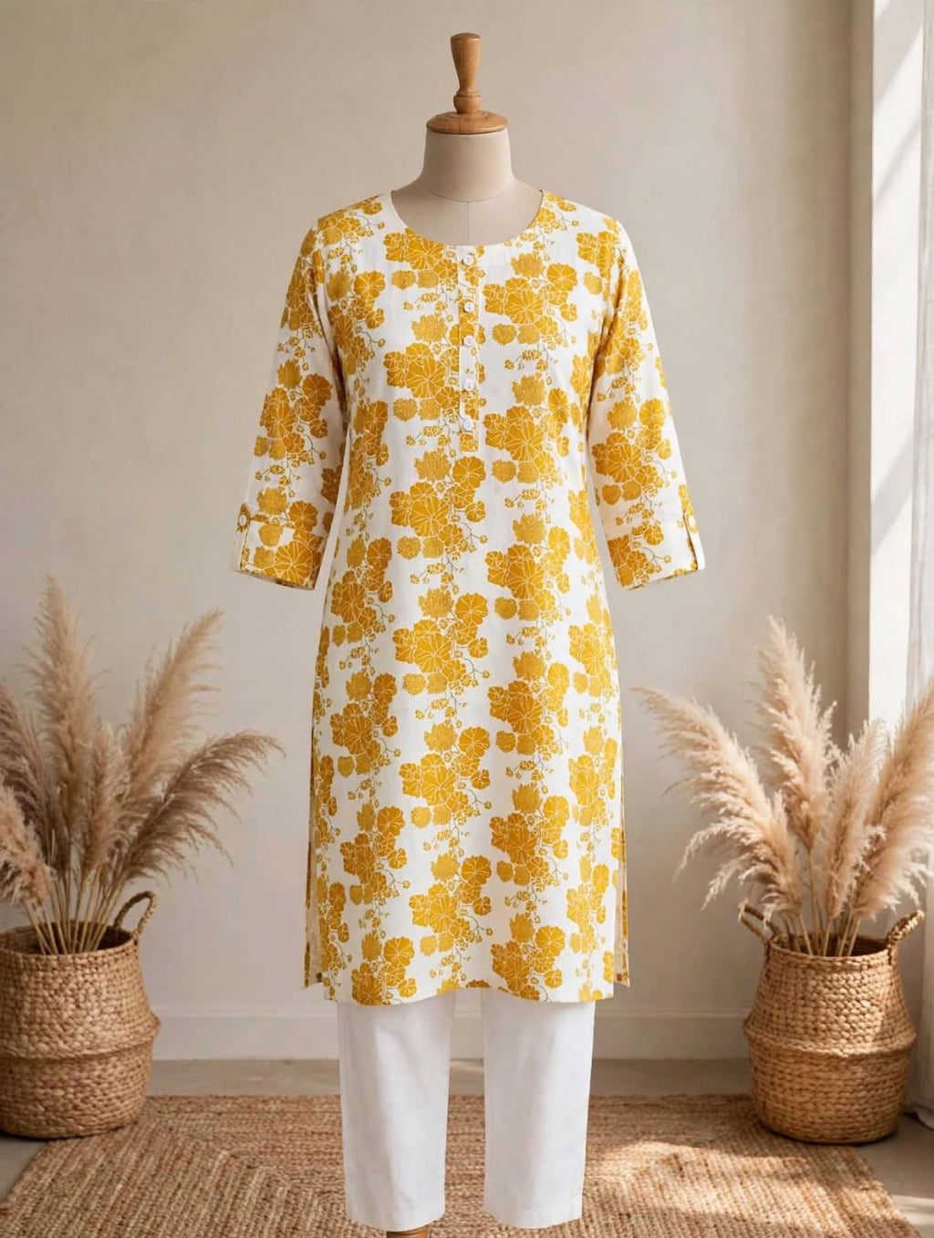 YELLOW FLORAL KURTA TOP 3/4 SLEEVE       50% OFF