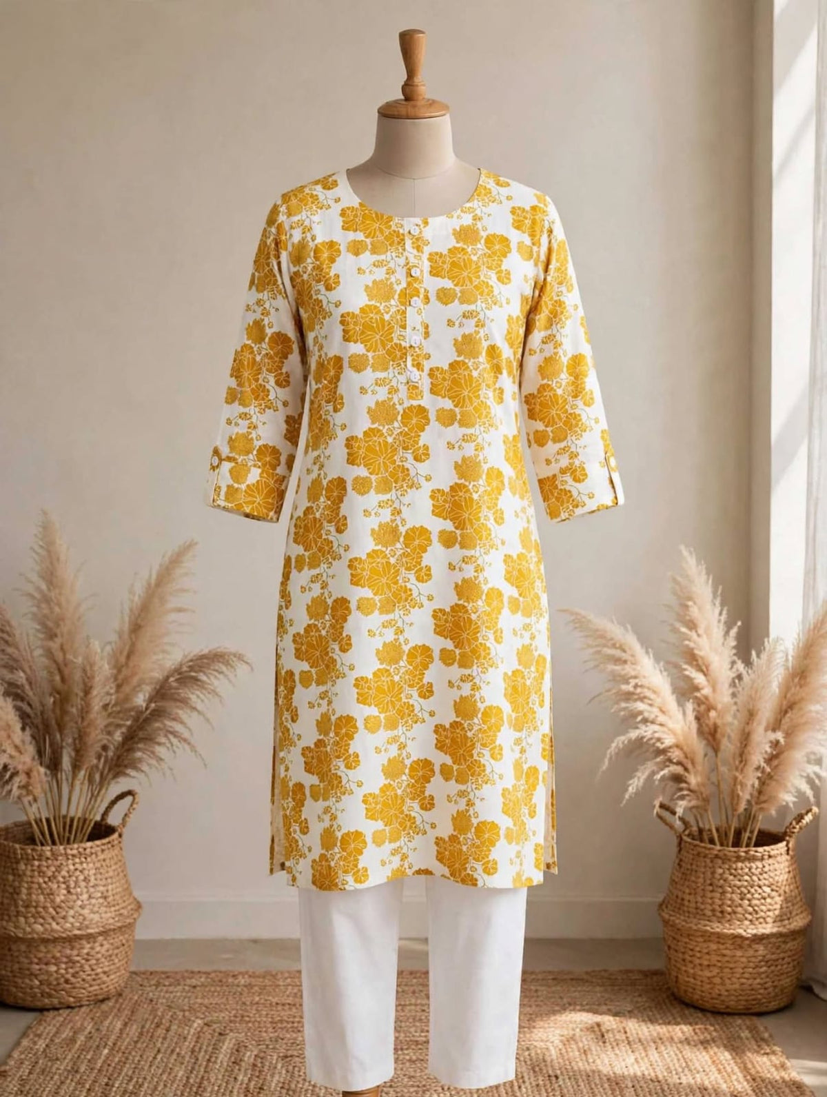 YELLOW FLORAL KURTA TOP 3/4 SLEEVE       50% OFF