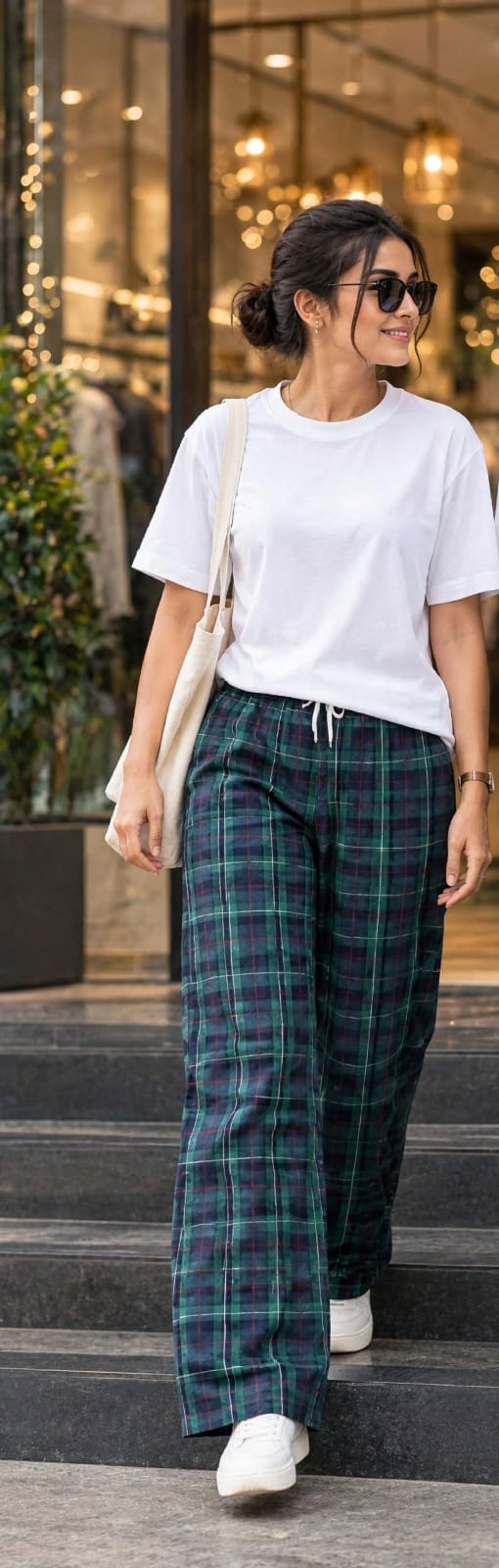 WOMEN GREEN CHECKED PURE COTTON LOUNGE PANTS