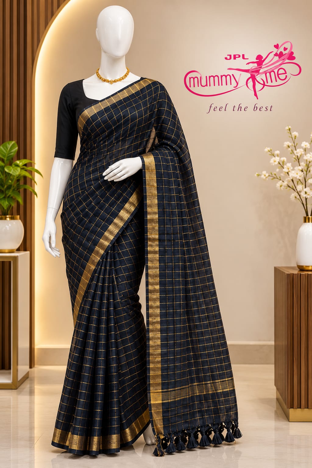Soft Pure Cotton Checked Saree Black