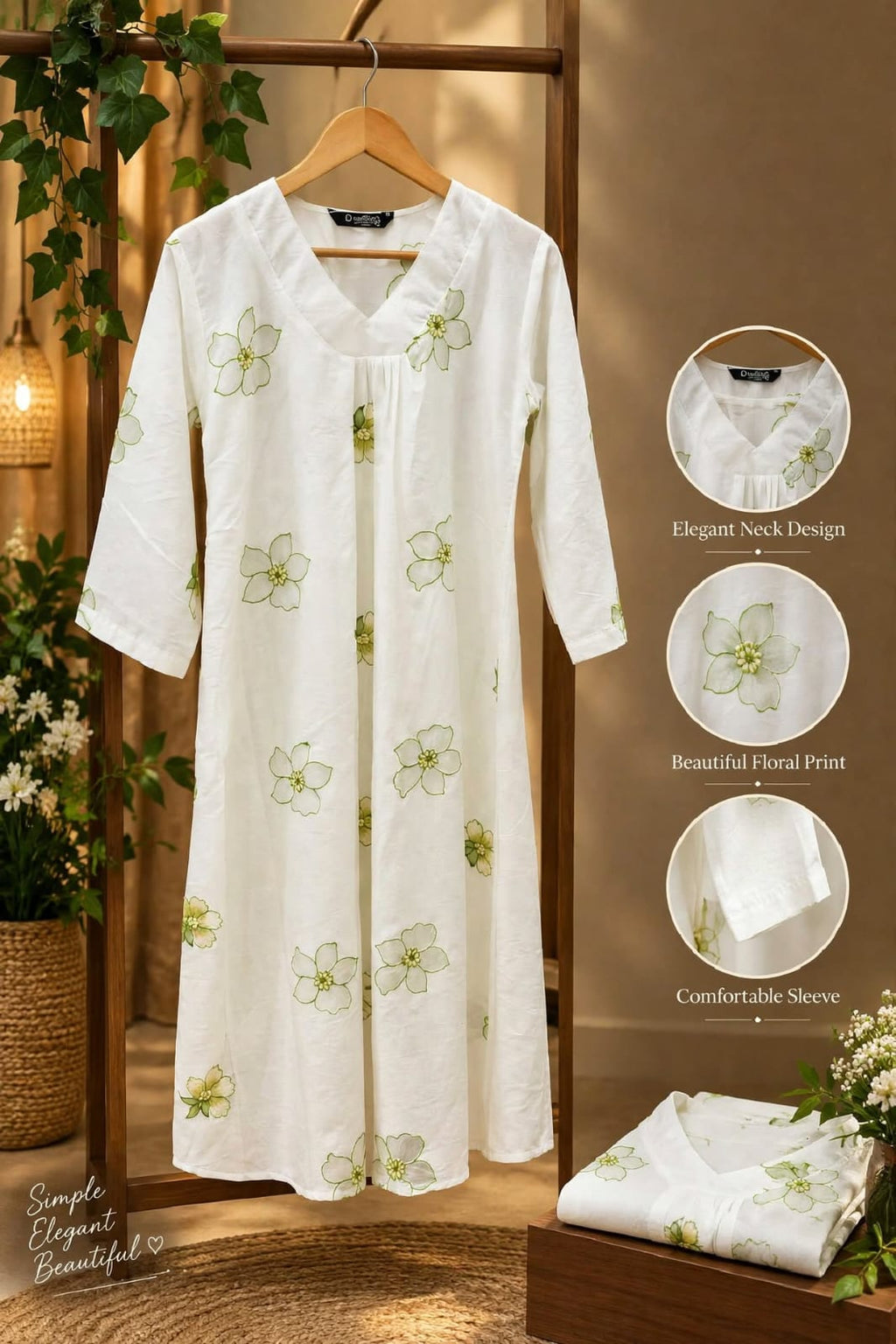 Off-White A-Line with Sage Green Floral Embroidered Kurta