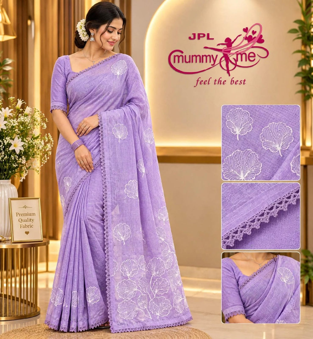 Net Cotton Floral Thread Work Saree
