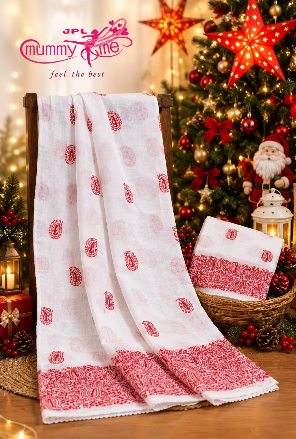 White & Red Paisley Thread Work Net Cotton Saree