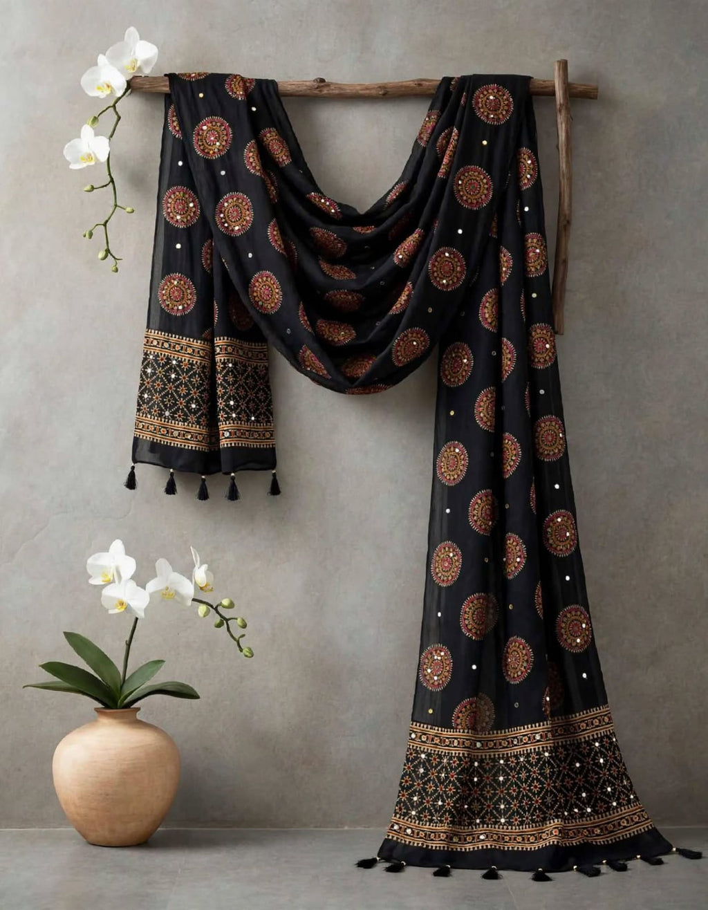 Black Ajakh Mirror Work Dupatta