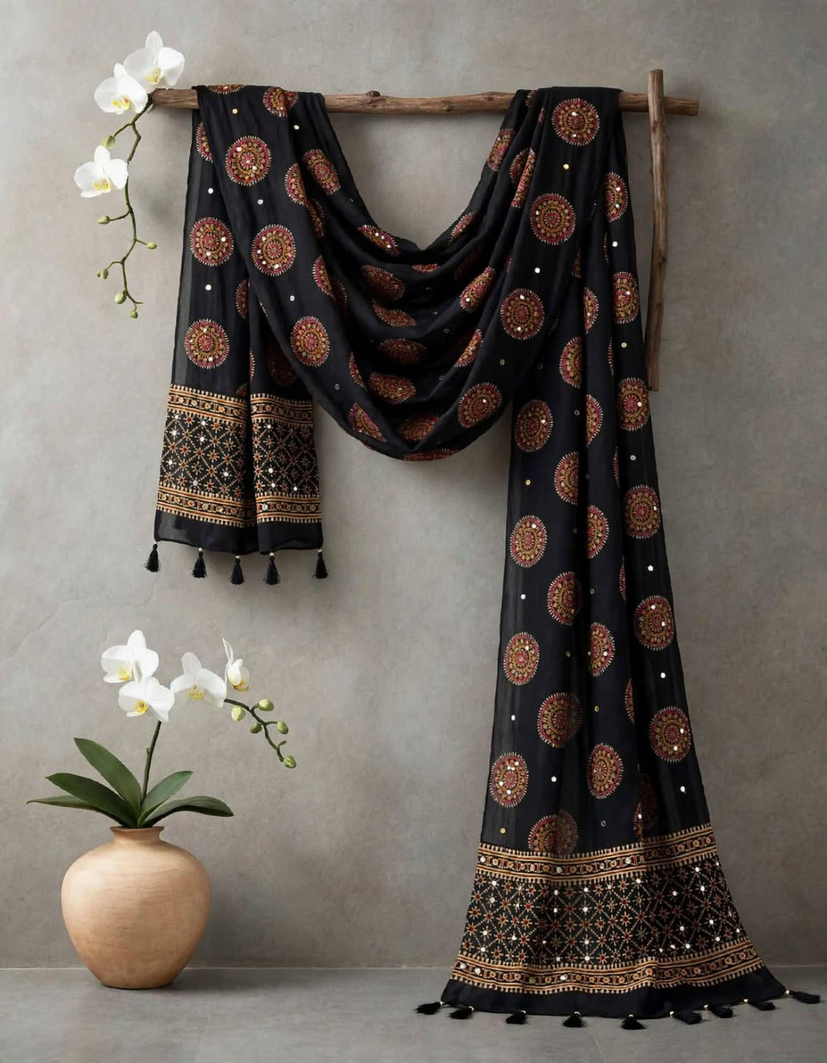 Black Ajakh Mirror Work Dupatta