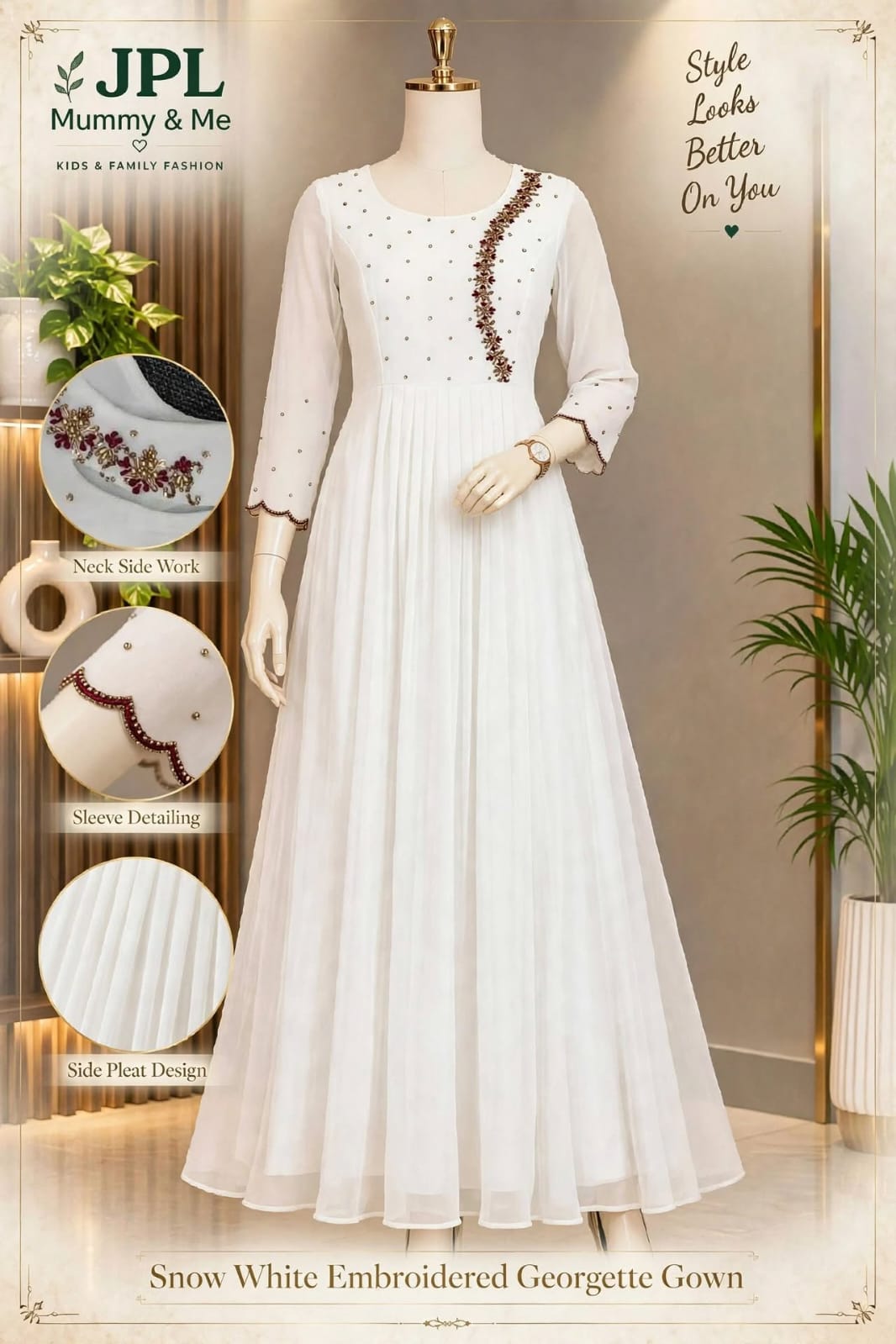 Snow White Embroidered Georgette Gown