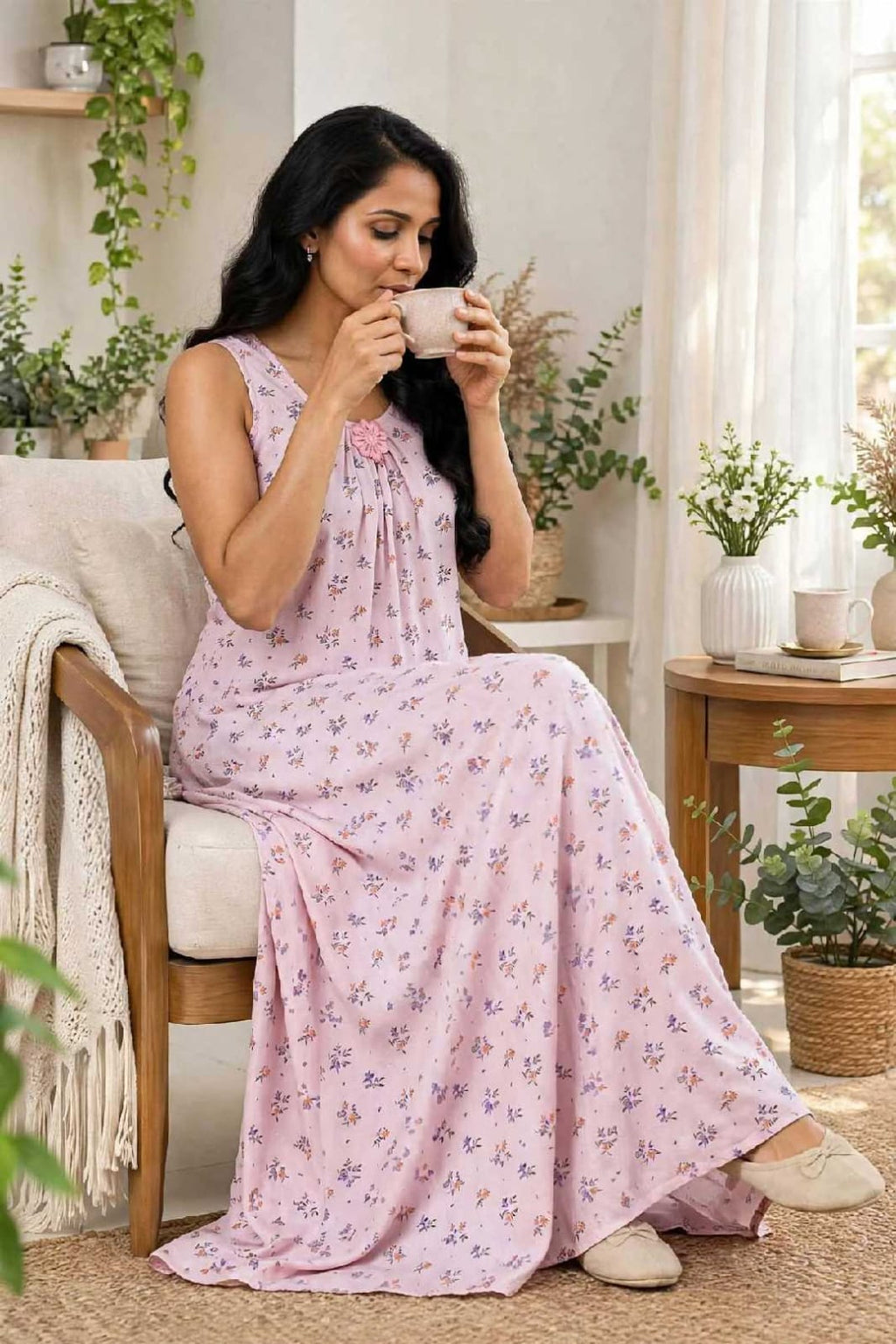 Light Pink Ditsy Floral Sleeveless Gathered Neck Dress / Lounge Nighty