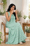 Sea Green Floral Sleeveless Long Nighty