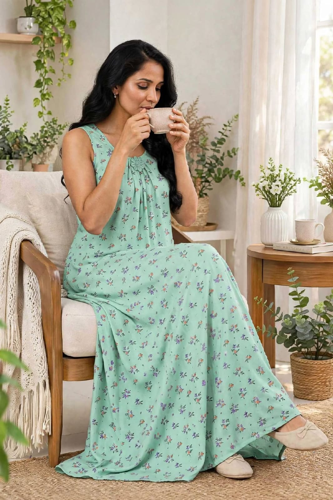 Sea Green Floral Sleeveless Long Nighty