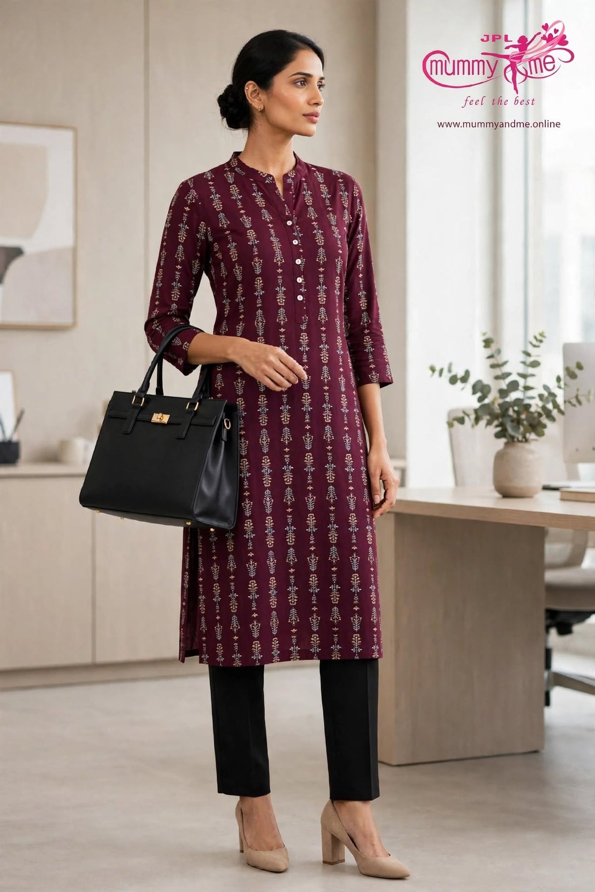 WINE PRINTED STRAIGHT KURTA 3/4 SLEEVE  50% OFF