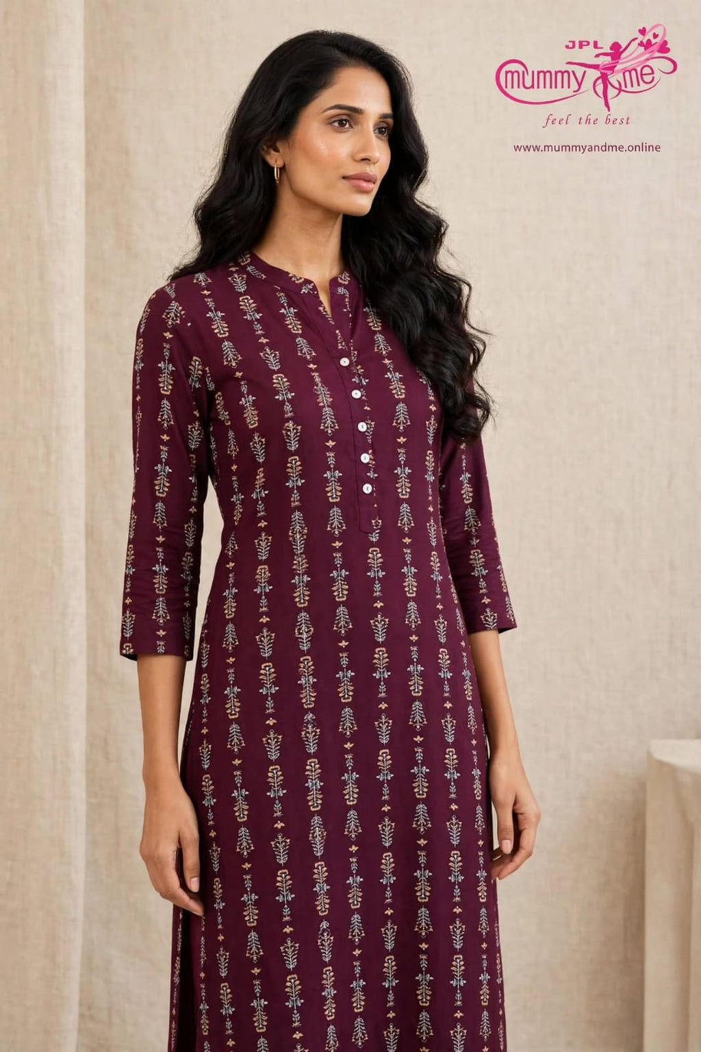 WINE PRINTED STRAIGHT KURTA 3/4 SLEEVE  50% OFF