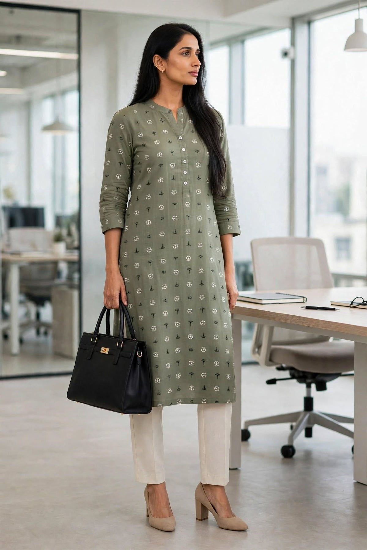 SAGE GREEN  STRAIGHT CUT COTTON KURTA 3/4 SLEEVE  50% OFF
