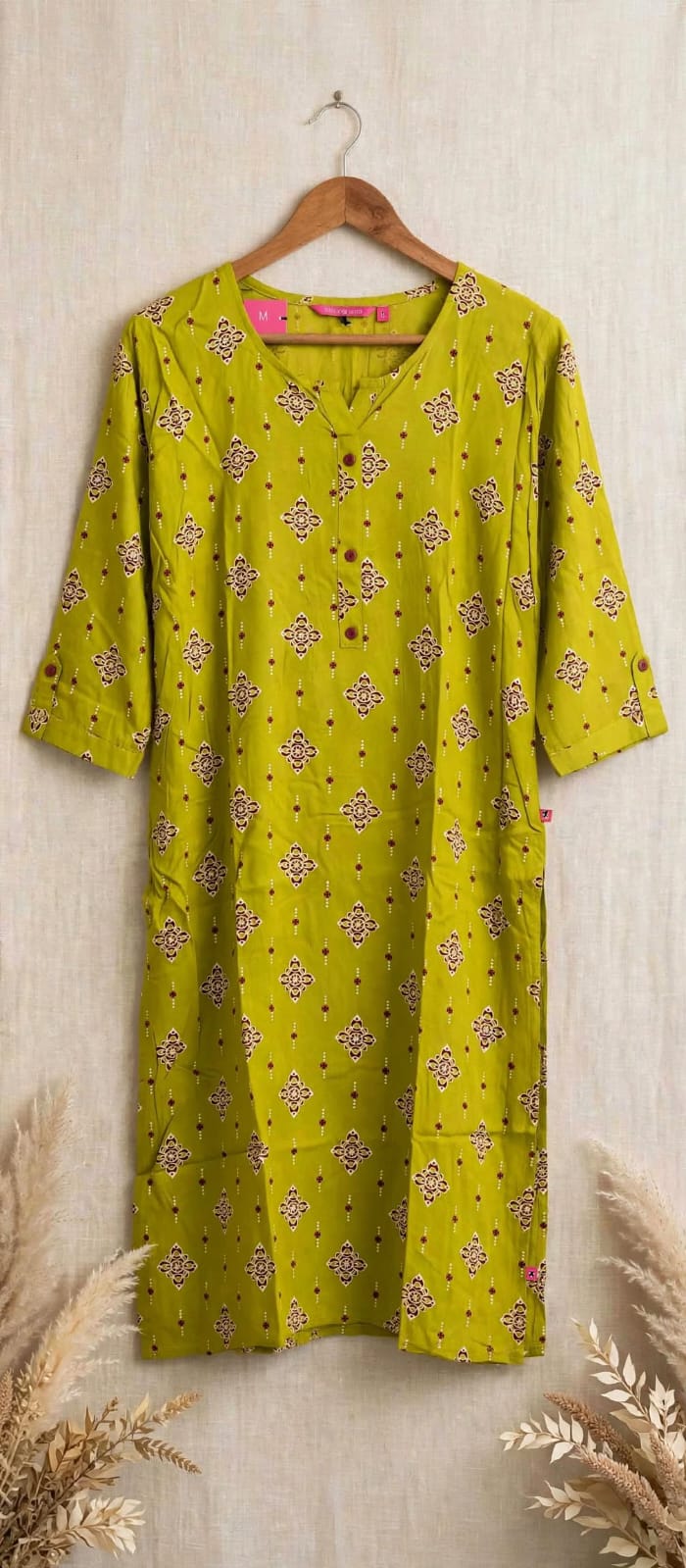 LIME MUSTARD GREEN KURTA 3/4 SLEEVE  50% OFF
