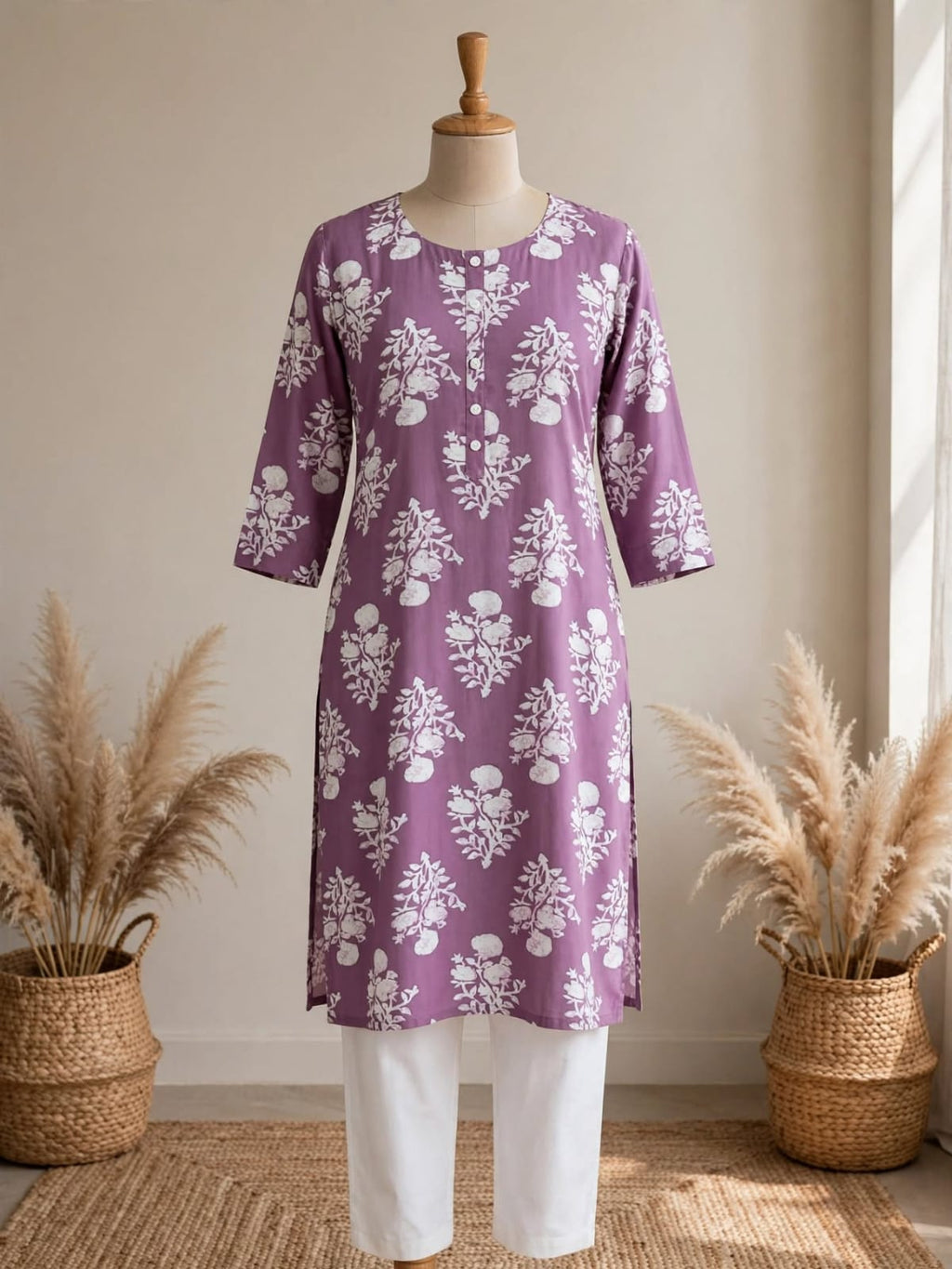MAUVE PINK FLORAL KURTA TOP 3/4 SLEEVE  50% OFF