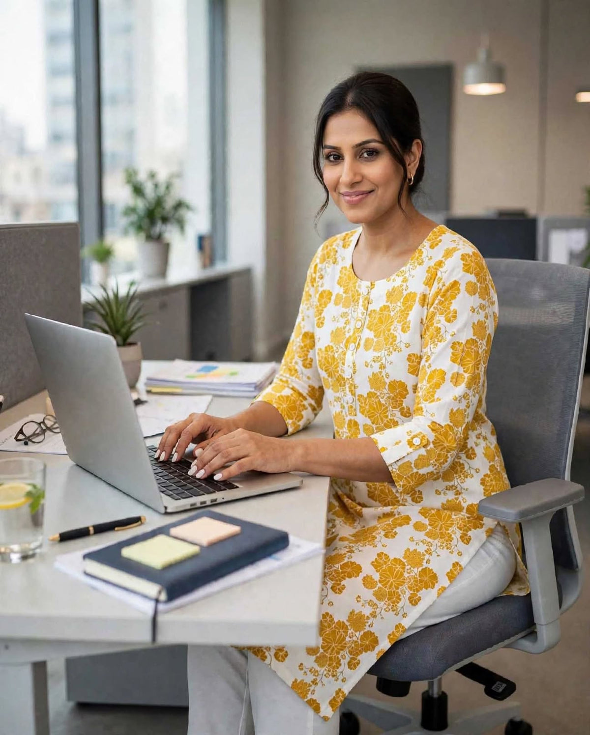 YELLOW FLORAL KURTA TOP 3/4 SLEEVE       50% OFF