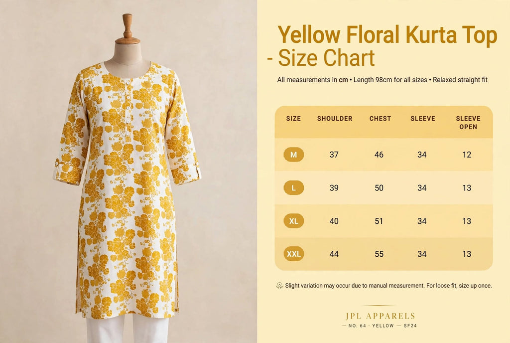 YELLOW FLORAL KURTA TOP 3/4 SLEEVE       50% OFF