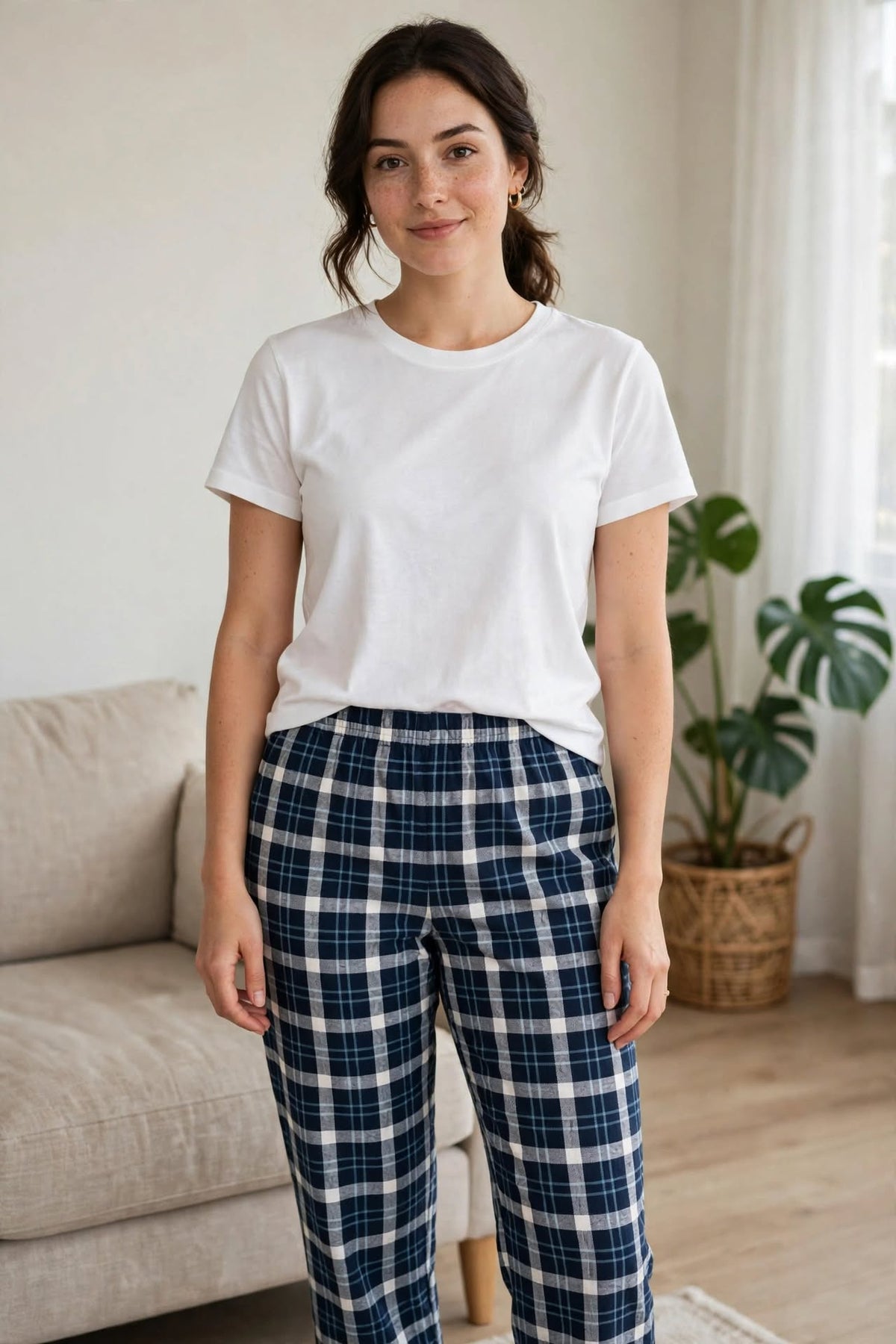 WOMEN BLUE CHECKED PURE COTTON LOUNGE PANTS