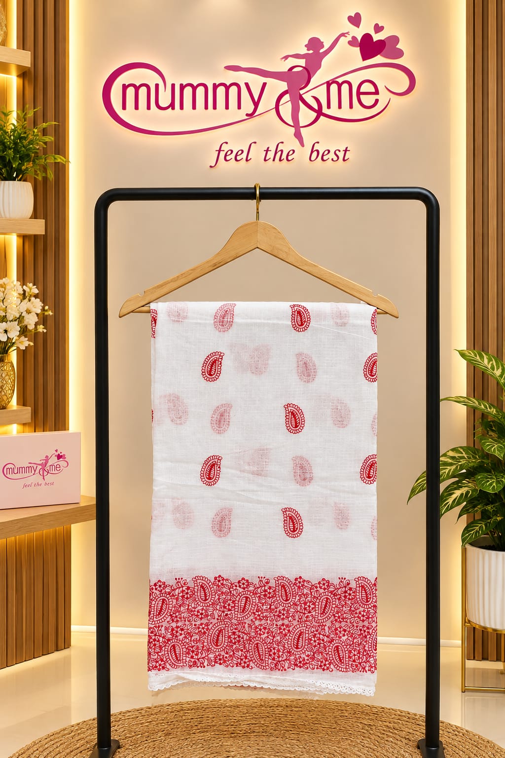White & Red Paisley Thread Work Net Cotton Saree