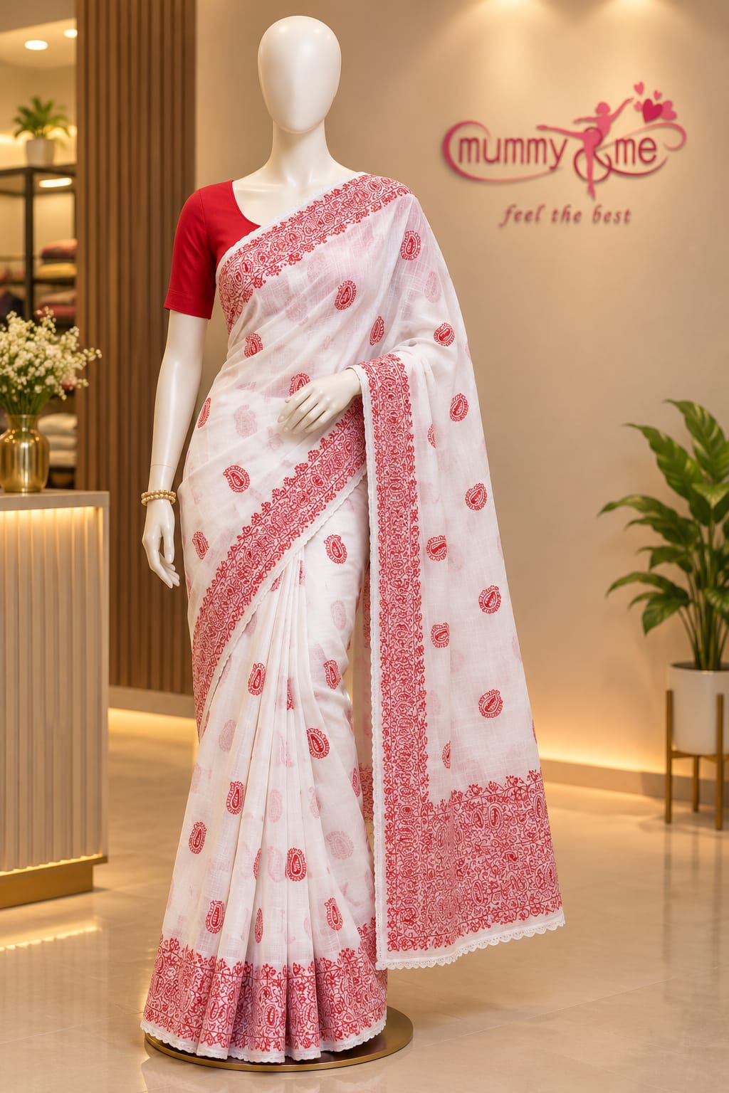 White & Red Paisley Thread Work Net Cotton Saree