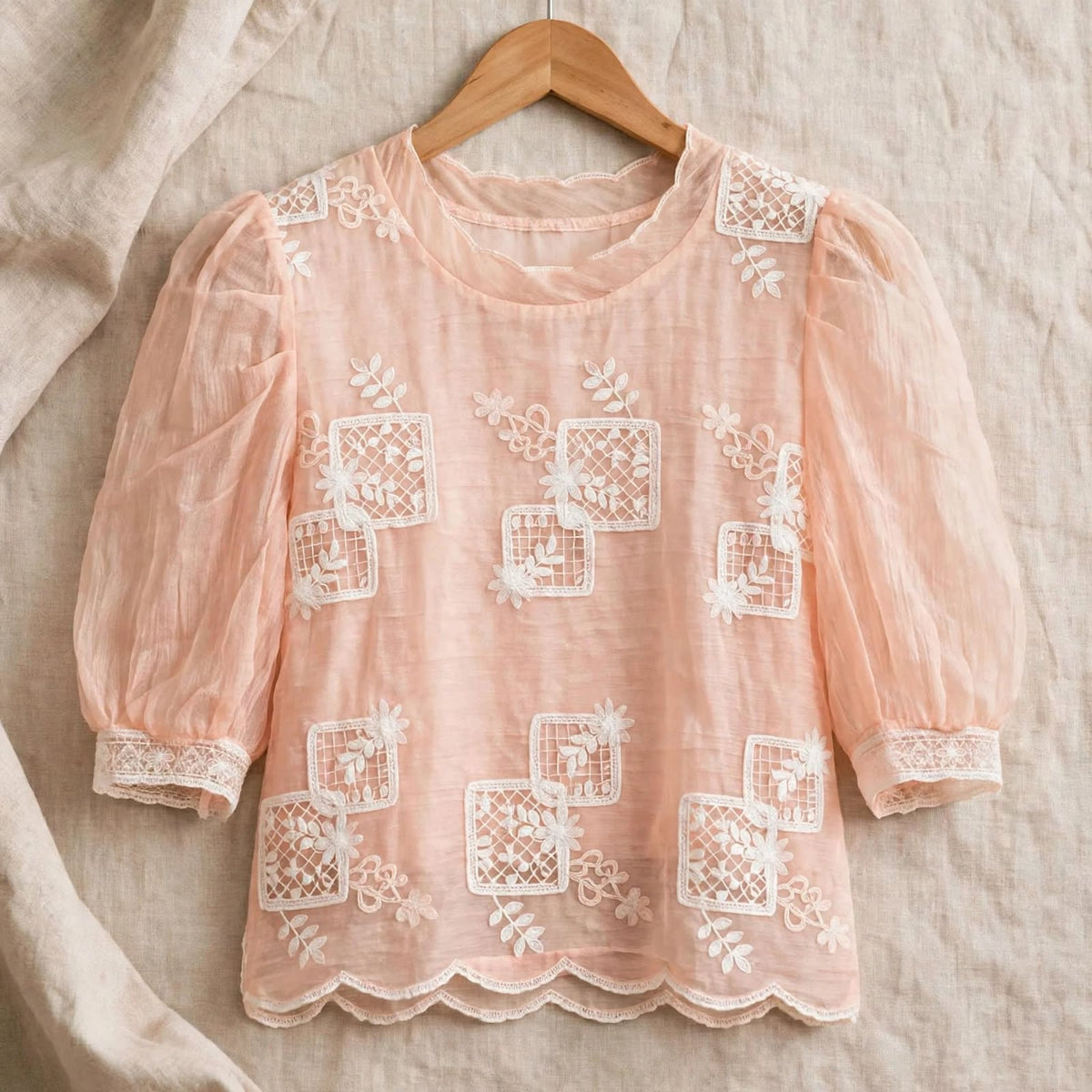 Peach Embroidered Puff Sleeve Short Top🧡