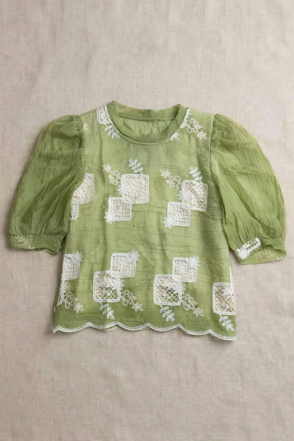 Light Green Embroidered Puff Sleeve Short Top🧡