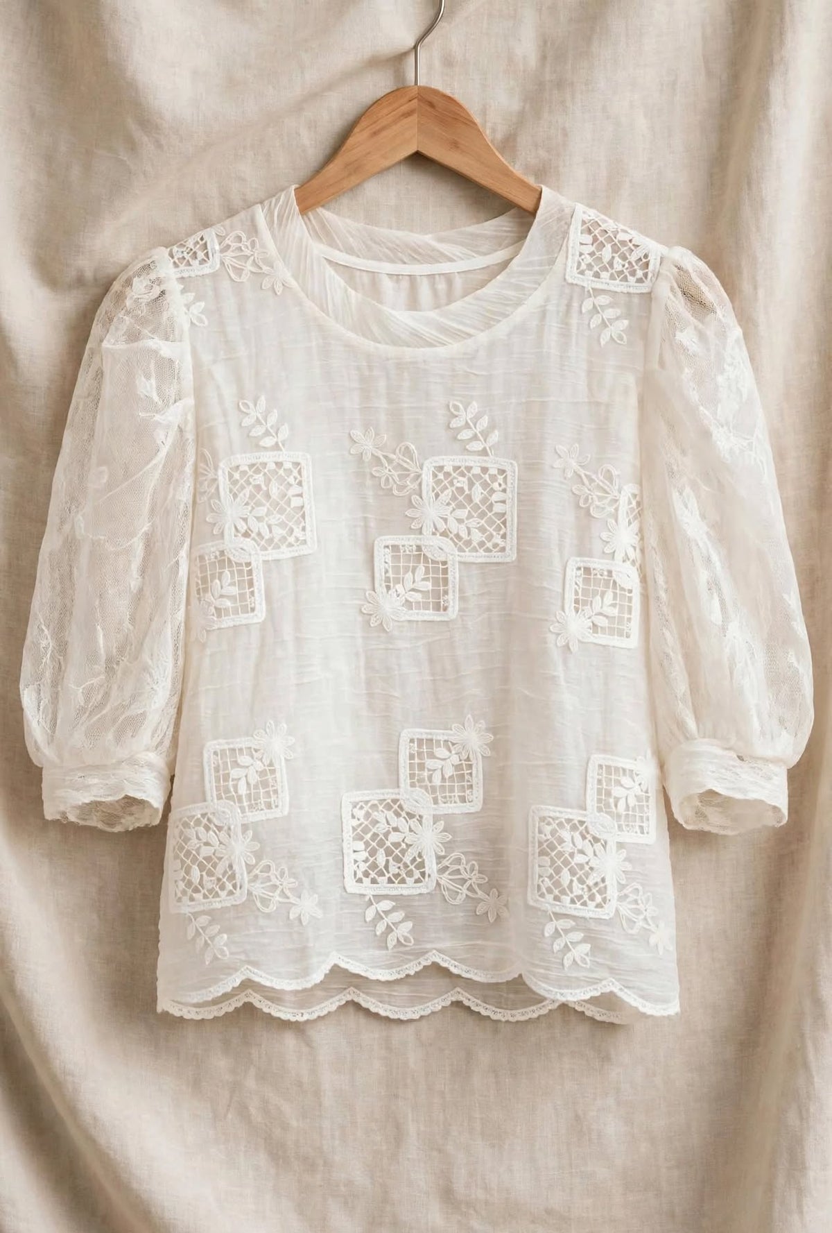 Off White Embroidered Puff Sleeve Short Top🧡