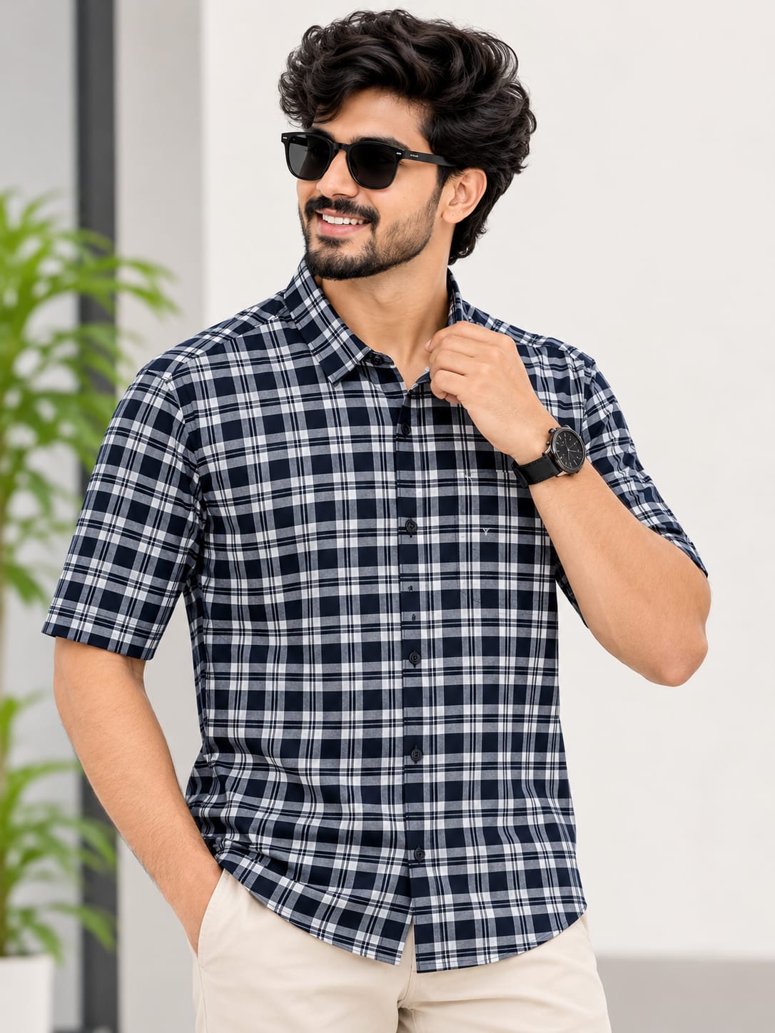 Men's Black & White Checked Half Sleeve Shirt