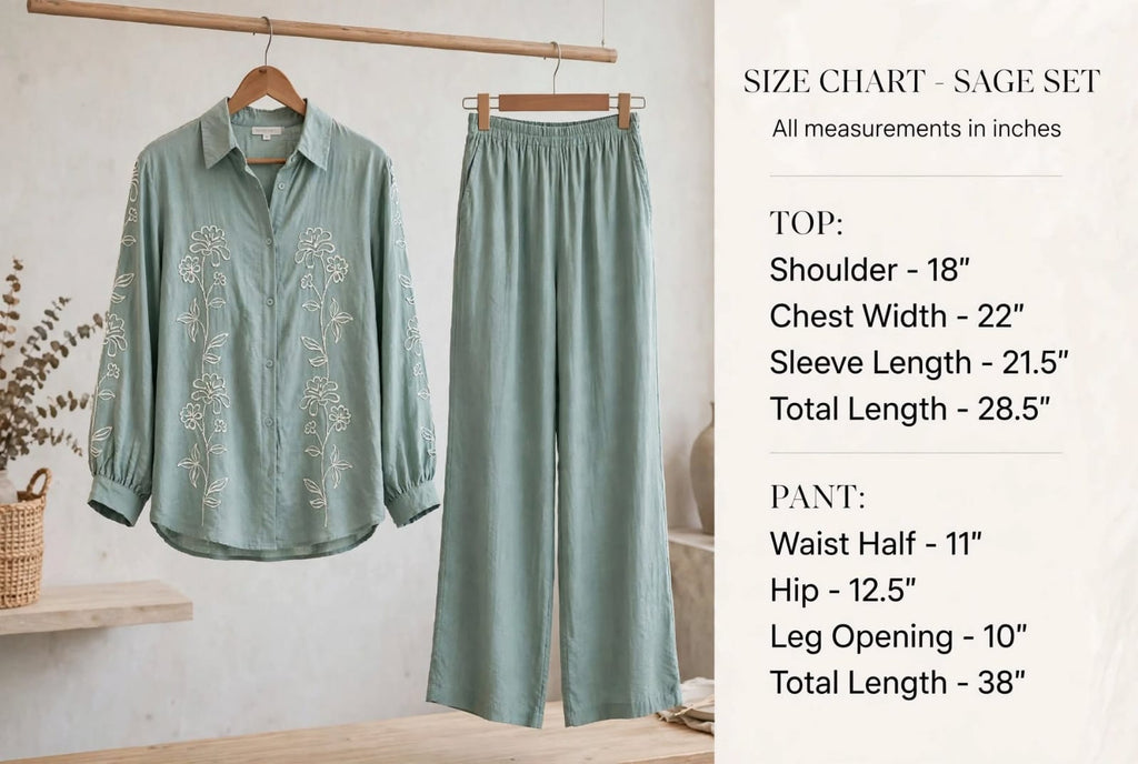Sage Green Floral Embroidery Shirt & Palazzo Pant Set