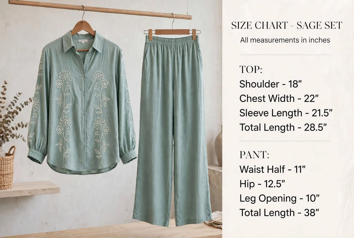 Sage Green Floral Embroidery Shirt & Palazzo Pant Set