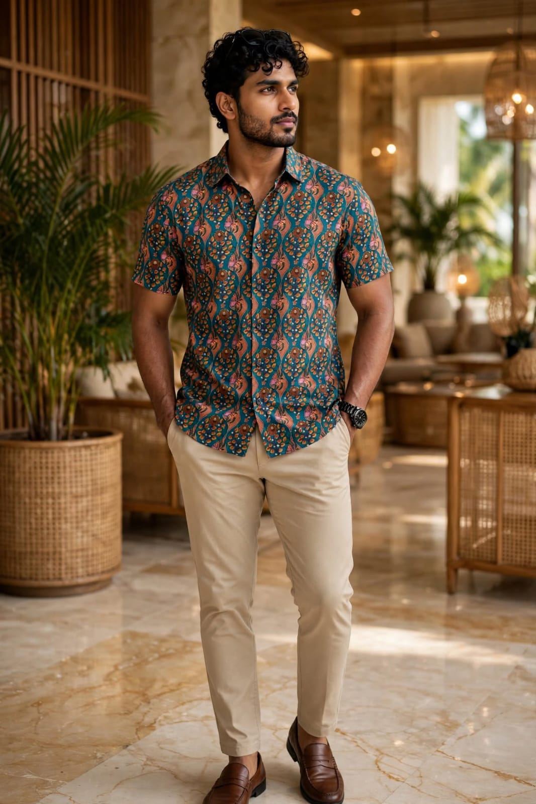 JPL Majili - Men's Teal Heritage Batik Printed Premium Cotton Casual Shirt