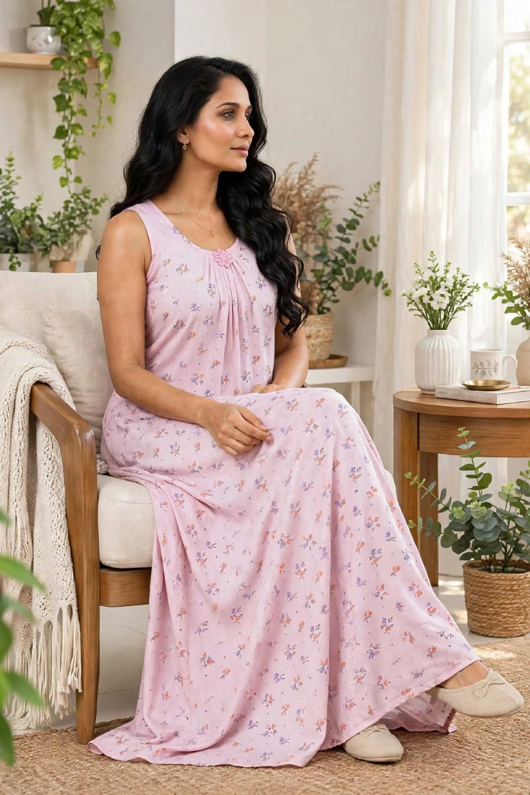 Light Pink Ditsy Floral Sleeveless Gathered Neck Dress / Lounge Nighty