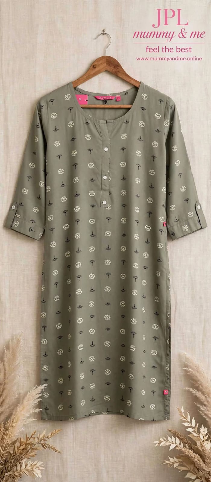 SAGE GREEN  STRAIGHT CUT COTTON KURTA 3/4 SLEEVE  50% OFF