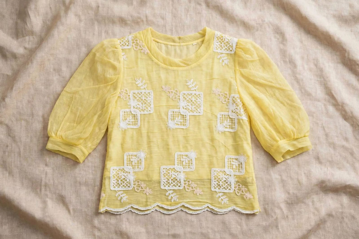 Yellow Embroidered Puff Sleeve Short Top🧡