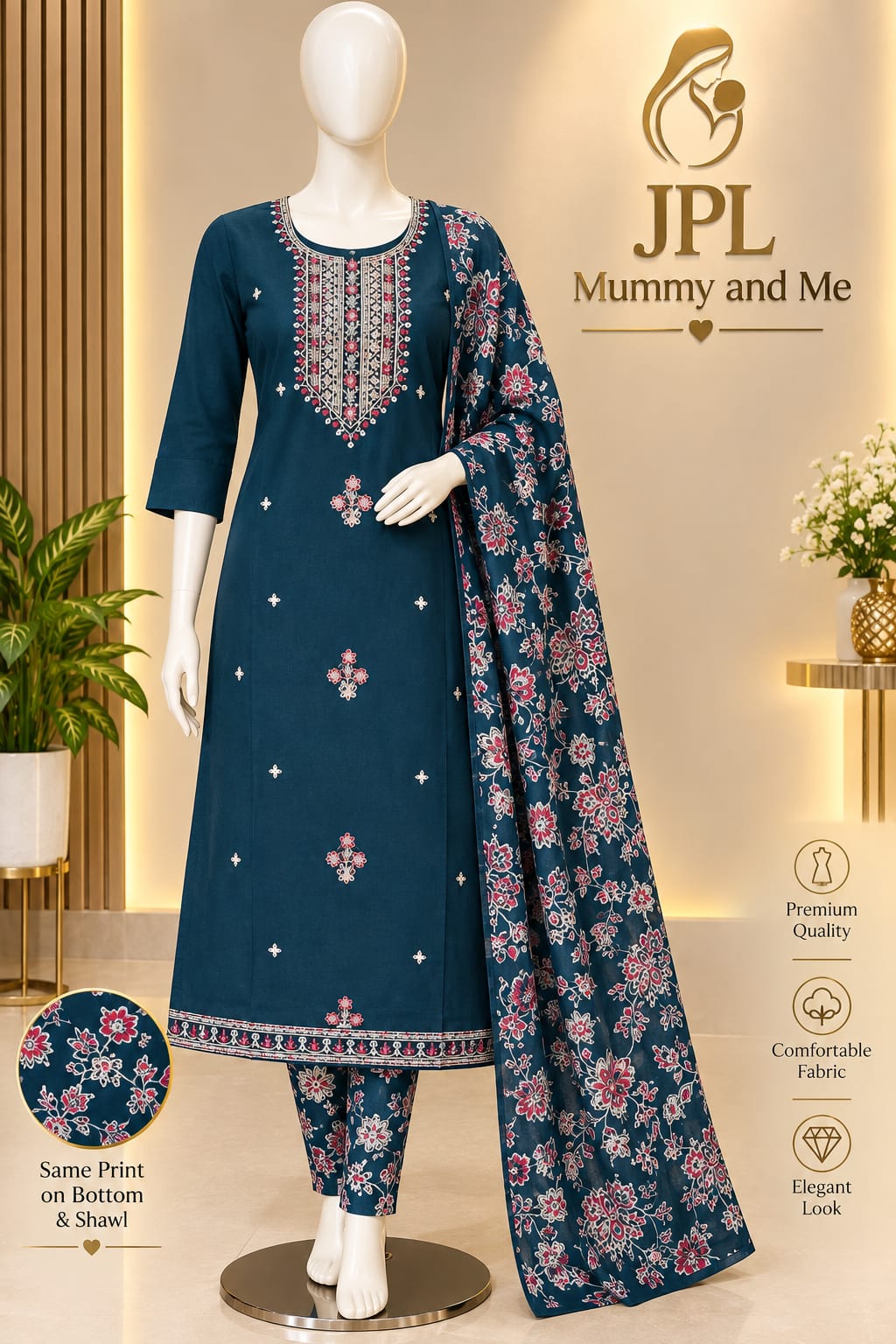 Teal Blue Florel Print  (3Piece Set)