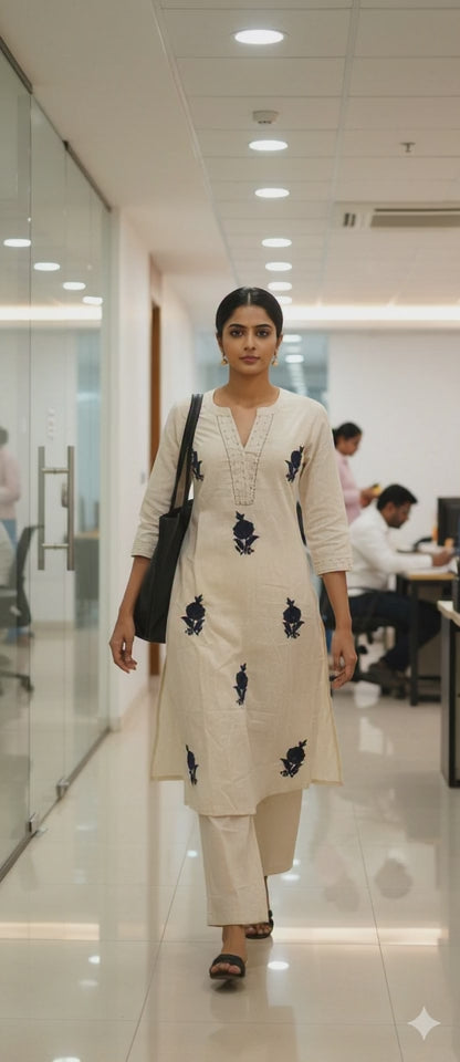 Garment Type: A two-piece ethnic set, consisting of a long kurta (tunic) and matching bottoms (likely palazzo pants).